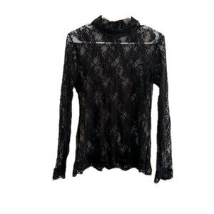 Black Floral Lace Mock Neck Top Sheer Mesh Long Sleeve Goth Grunge Romantic L